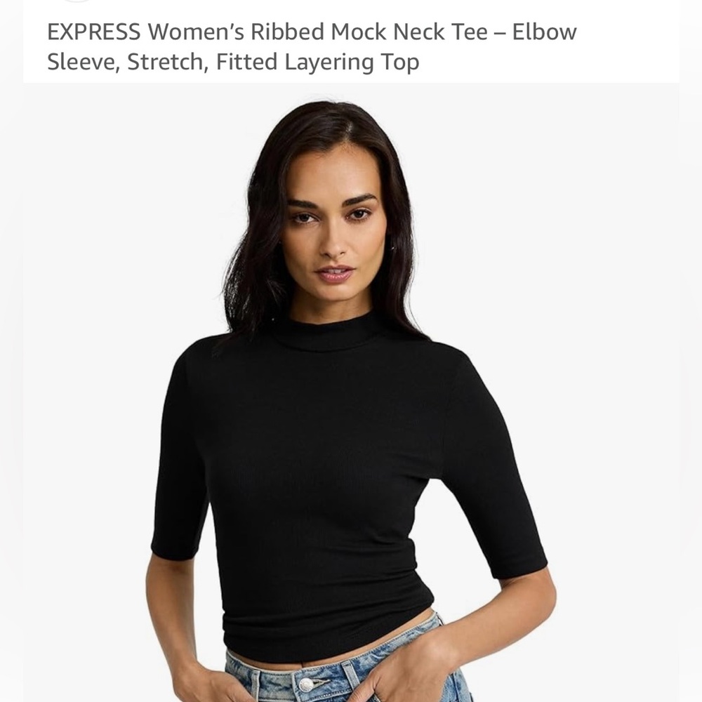 NWT Express Mock Neck Ribbed Tee, Fitted, Cropped, size Large, Black